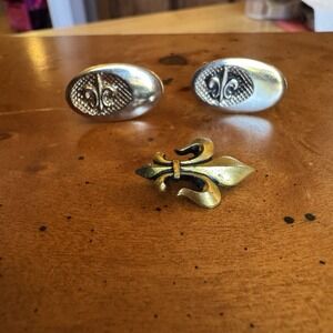 Vintage Fleur-de-Lis Cufflinks & Lapel Pin Set Gold Tone French Crest